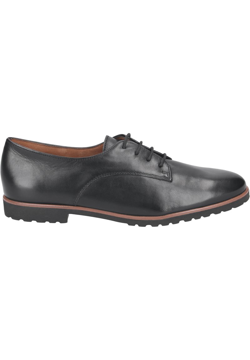 Scarpe stringate in pelle nera con finitura liscia, punta affusolata, dettagli di cucitura sottili e suola in gomma testurizzata con bordo a contrasto.