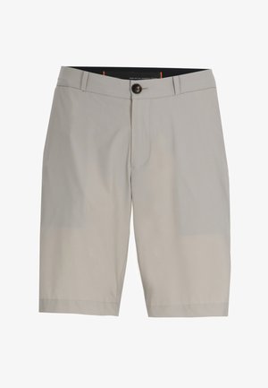 Pantaloncini sartoriali beige chiaro lunghezza al ginocchio con passanti per cintura, chiusura frontale con bottoni e tessuto liscio.