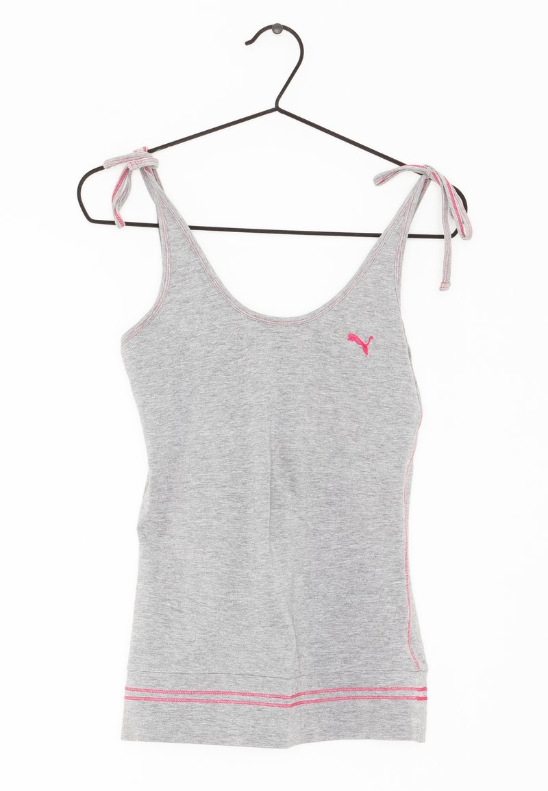 Débardeur gris avec accents roses, doté d'un décolleté arrondi et de bretelles ajustables nouées. Confectionné dans un tissu doux et extensible avec une coupe près du corps.