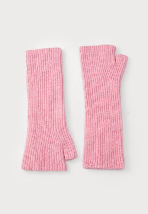 Knit fingerless gloves in vibrant pink, featuring ribbed texture and cut-off fingertips for easy hand movement. Authentic wool blend material.