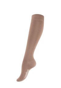 Calze di bamboo marrone chiaro fino al ginocchio, con una texture liscia e punta rinforzata. Presentano un logo bianco sulla suola. Ideali per comfort e supporto.