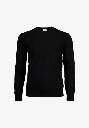 Czarny sweter z długim rękawem i okrągłym dekoltem, z prążkowanymi mankietami i dołem oraz małą białą metką na dekolcie z napisem "JOOP! Jeans."