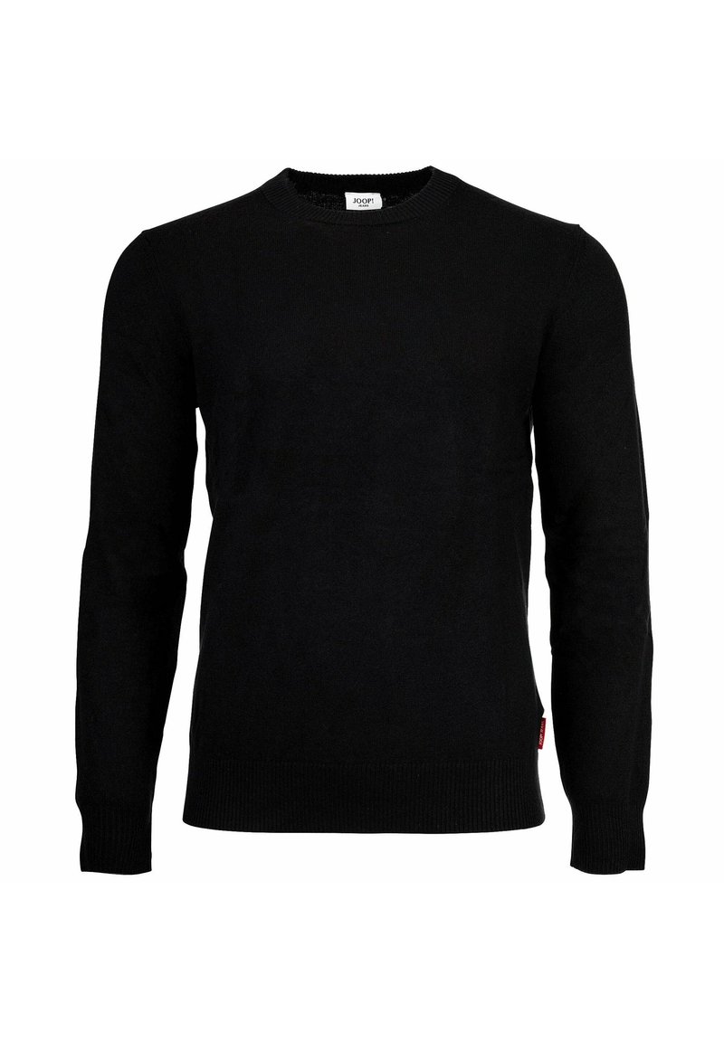 Zwart langemouwen crewneck sweater met geribbelde manchetten en zoom, en een klein wit label op de halslijn met de tekst "JOOP! Jeans."