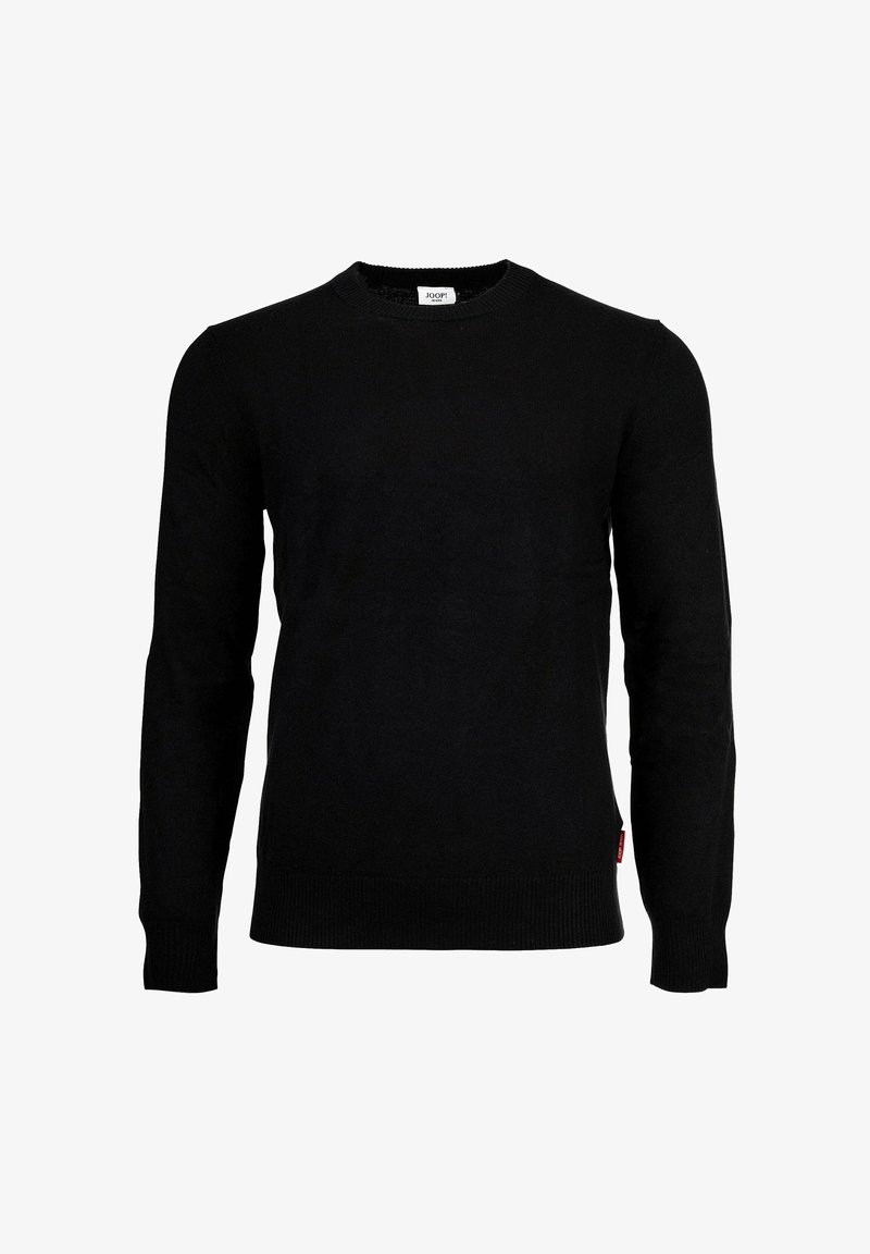 Zwart langemouwen crewneck sweater met geribbelde manchetten en zoom, en een klein wit label op de halslijn met de tekst "JOOP! Jeans."