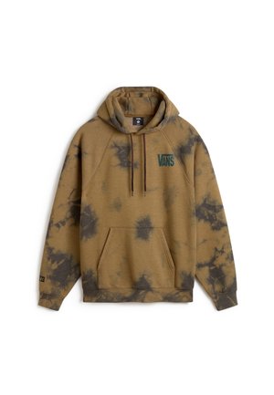 Brun og sort tie-dye Vans hættetrøje med forlomme, snørelukket hætte og Vans-logo på venstre bryst og ærmekant.