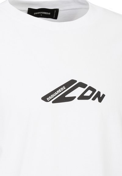 Weißes Baumwoll-T-Shirt mit einem schwarzen grafischen Logo, auf dem "DSQUARED2 ICON" in einer fetten, modernen Schrift steht. Rundhalsausschnitt, kurze Ärmel.