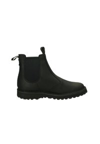 Stivale Chelsea in pelle nera con pannelli elastici laterali, suola in gomma texturizzata e fascetta sul retro. Caratterizzato da una finitura liscia e una costruzione robusta.