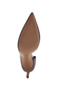Burgundy high-heeled shoe with a pointed toe design, smooth leather upper, and a textured rubber outsole for grip.