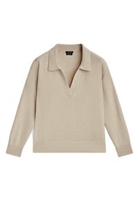 Pull beige à manches longues avec col ouvert et poignets et ourlet côtelés, posé à plat sur fond blanc.