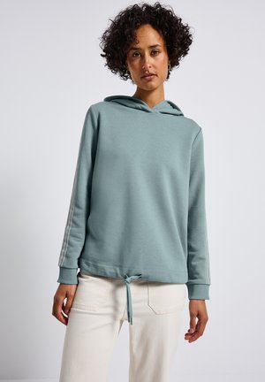 Helles Türkis Kapuzensweatshirt mit langen Ärmeln, Kordelzugsaum und vertikalen Streifen entlang der Ärmel. Weicher Stoff.