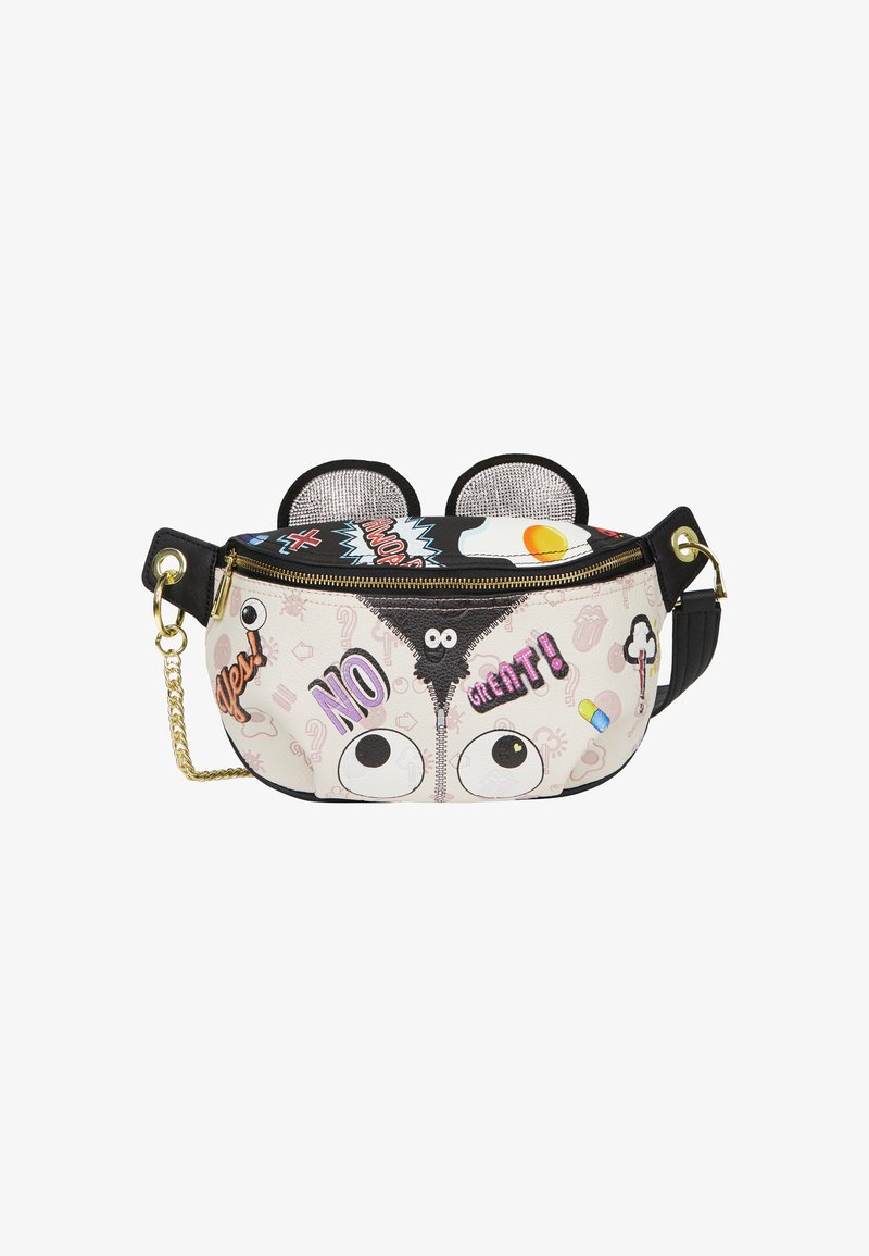 Borsa a tracolla in pelle sintetica bianca e nera con occhi da cartone animato e toppe giocose, dotata di una tracolla in oro e chiusura con zip.