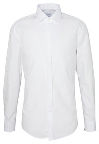 Witte langslavendresshirt, gemaakt van gladde katoen. Voorzien van een puntige kraag, volledige knoopsluiting en een professionele snit. Geen patronen of accenten.