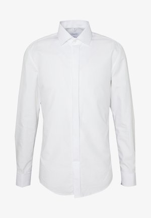 Hvid langærmet skjorte, lavet af glat bomuld. Har en spids krave, fuld placket og professionel snit. Ingen mønstre eller accenter.