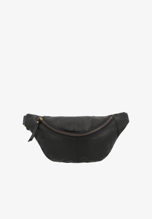 Czarna skórzana saszetka biodrowa o zaokrąglonym kształcie, z złotym zamkiem błyskawicznym i pojedynczym paskiem po jednej stronie. Gładka faktura o minimalistycznym wyglądzie.
