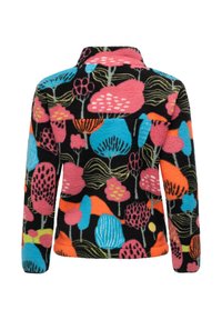 Fleece-Pullover mit schwarzem Hintergrund, der farbenfrohe Blumenmuster in Pink, Blau, Orange und Grün zeigt; Stehkragenstil, weiche Textur.