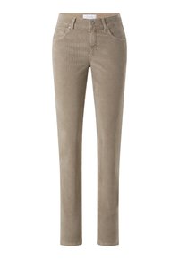 Beige corduroy broek met een recht model, voorzien van zijzakken, een knoopsluiting en een textuur van ribbels die verticaal loopt.
