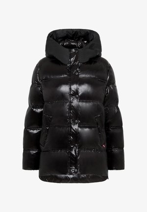 Schwarze glänzende Steppjacke mit Kapuze, vorderen Druckknöpfen und zwei Seitentaschen, auf einem weißen Hintergrund präsentiert.