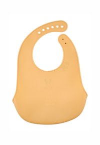 Silikon-Latz in sanftem Gelb, mit runder Ausschnittform, verstellbarem Druckverschluss und glatter Oberfläche mit ausgeprägter Tropfenform.