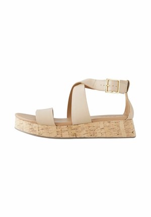 Sandales à talon compensé beiges avec une plateforme en liège, dotées de brides croisées et d'une sangle de cheville à boucle. Texture en cuir lisse, design minimaliste.