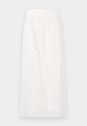 White maxi skirt featuring an elastic waistband, subtle floral embroidery, and a flowing design. Made of lightweight fabric.
