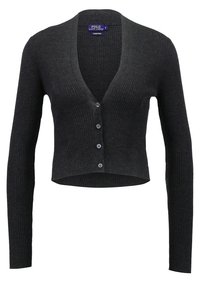 Svart ribbad cardigan med långa ärmar, V-ringad halsringning och femknapps stängning framtill, tillverkad av stickat material.