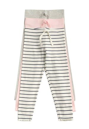 Trzy pary prążkowanych, dzianinowych legginsów dla niemowląt w kolorach szarym, różowym i białym z granatowymi paskami, każda z nich posiada ściągacz na talii ze sznurkiem.