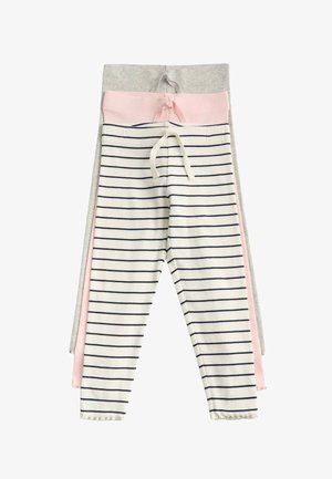 Tre paia di leggings per bambini in maglia a coste nei colori grigio, rosa e bianco con righe blu navy, ciascuno con vita regolabile con coulisse.