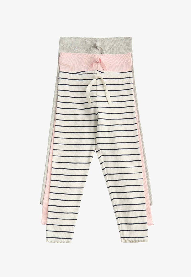Three pairs of ribbed knit baby leggings in gray, pink, and white with navy stripes, each featuring a drawstring waist.