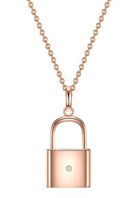 Rose guldfarvet hængelås vedhæng på en k�æde halskæde, der har en enkelt diamant accent, glat overflade og et afrundet topdesign.