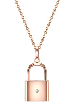 Rose guldfarvet hængelås vedhæng på en kæde halskæde, der har en enkelt diamant accent, glat overflade og et afrundet topdesign.