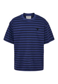 Blåstribet t-shirt lavet af bomuld, med sorte horisontale striber og et lille sort logo på brystet. Kortærmet og rund hals.
