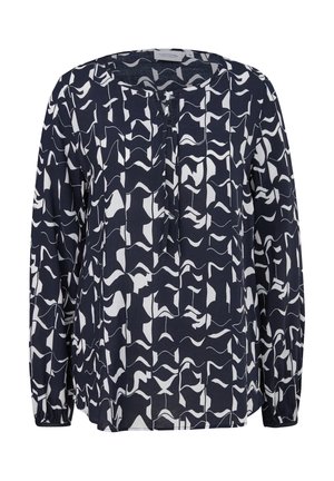 Granatowa bluzka z białym abstrakcyjnym wzorem, okrągłym dekoltem, długimi rękawami i miękką teksturą materiału, z prostym zapięciem na guziki z przodu.
