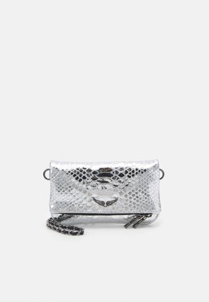 Silver metallic handbag with a snakeskin texture, featuring a flap top, chain strap, and zip closure. Accented with a subtle logo detail.