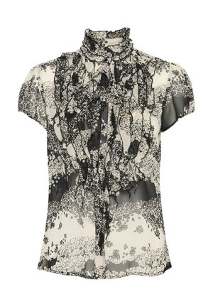 Black and white short-sleeved blouse with a ruffled collar, floral pattern, sheer material, and button closure at the front.