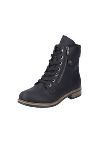 Botte chelsea en cuir noir avec un bout rond, lacets à l'avant, fermeture éclair sur le côté et un petit talon en bois. Présente un minimum de coutures et d'accents.