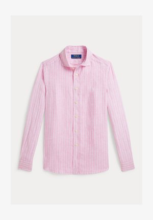Camicia a maniche lunghe rosa chiaro con strisce verticali bianche, chiusura con bottoni, colletto e piccolo logo ricamato sul petto. Tessuto in misto cotone.