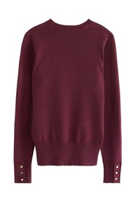Bordeaux lange mouwen sweater met geribbelde boorden en zoom, voorzien van drie zilveren knopen op elke manchet.