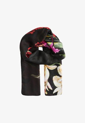 Foulard nero con motivi floreali in colori vivaci, dalla texture morbida e un drappeggio elegante, progettato in uno stile a cerchio.