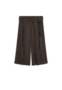 Culotte marroni plissettati con un design a gamba larga, dotati di una cintura coordinata e di una texture liscia. Lungo fino a metà gamba con cuciture laterali.
