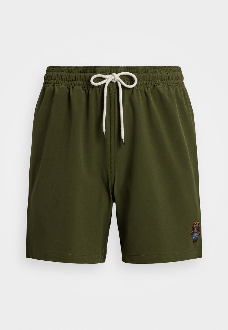 Olive green swim shorts with an elastic waist and white drawstring. Features an embroidered detailed design on the lower side.