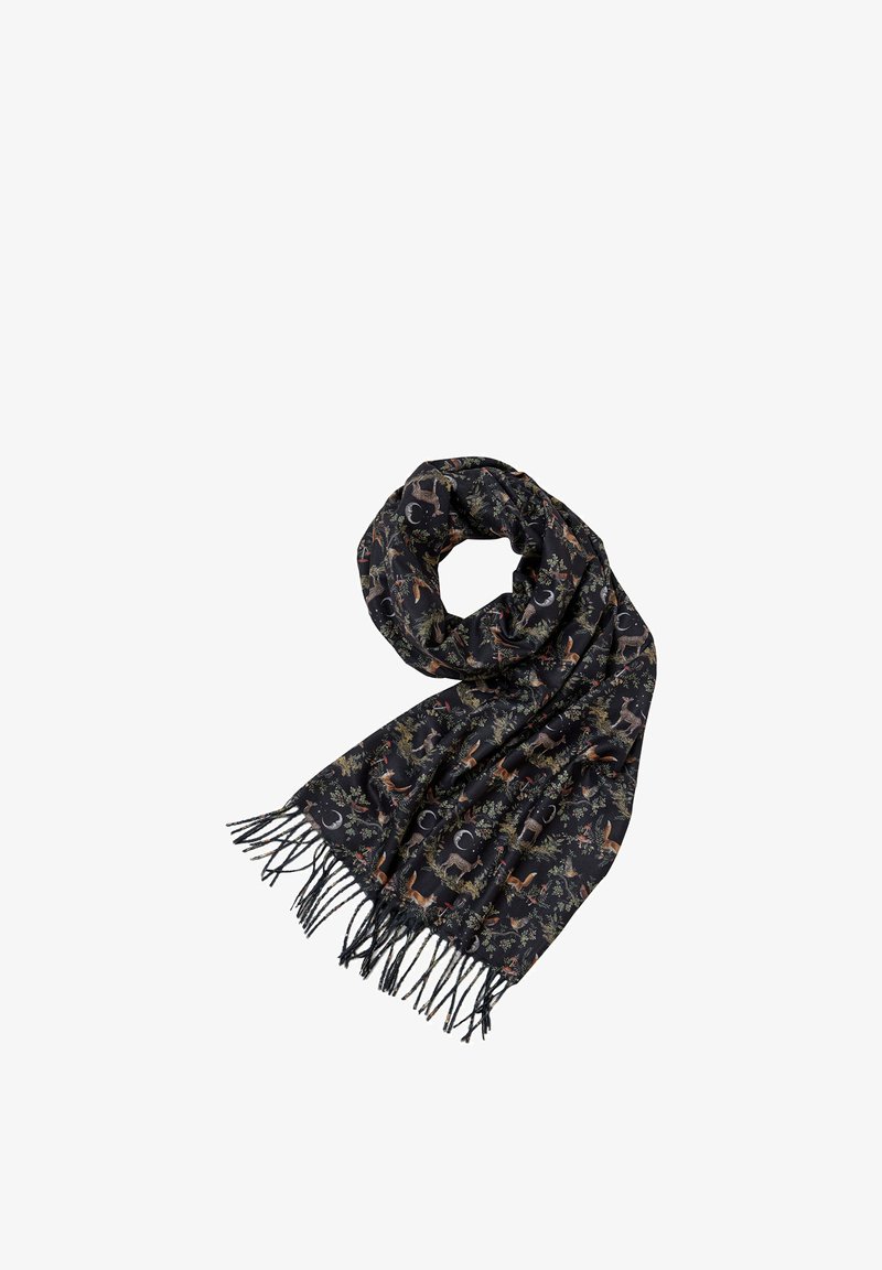 Black scarf featuring a floral and animal pattern, with fringe detailing along the edges, made of a soft, lightweight material.