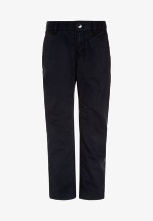 Pantalon bleu marine en coton, avec une coupe droite, fermeture à bouton et poches avant. Texture lisse avec peu de détails.