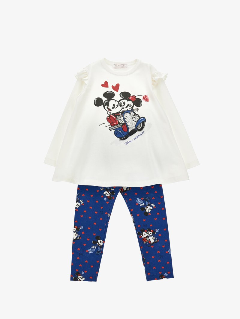 Fehér, hosszú ujjú blúz fodrokkal, Mickey és Minnie nyomattal. Kék leggings karakter- és szívecske mintázattal.