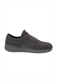 Gray athletic shoes made of mesh and synthetic materials. Features a textured upper with horizontal stripes and a durable rubber sole.
