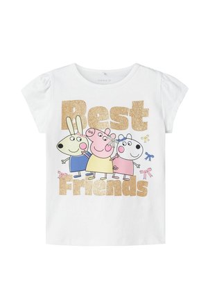 T-shirt bianco in cotone con maniche corte a sbuffo, caratterizzato da un design luccicante "Migliori Amiche" e personaggi dei cartoni animati in colori pastello.