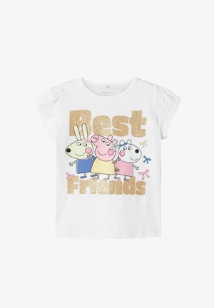 Bijela pamučna majica s kratkim napuštenim rukavima s glitter dizajnom "Najbolji Prijatelji" i crtanim likovima u pastelnim bojama.