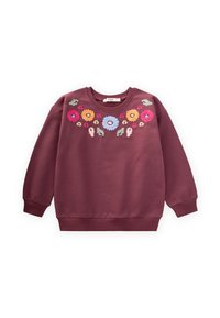 Sudadera marrón con mangas largas, puños acanalados y bordados florales en rosa, amarillo, azul y verde en el pecho y los hombros.