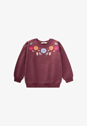 Bordeauxkleurige sweatshirt met lange mouwen, geribbelde manchetten en bloemenborduurwerk in roze, geel, blauw en groen over de borst en schouders.