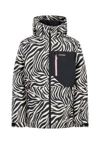 Mustavalkoinen zebra-raita takki, jossa on vetoketjullinen rintatasku, huppu ja vaaleanpunaisia vetoketju yksityiskohtia. Varustettu joustavilla hihansuilla ja helmalla.