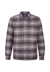 Geruite flanellen shirt in bruin, crème en grijstinten. Heeft een knoopsluiting aan de voorkant, twee borstzakken en een rechte zoom.
